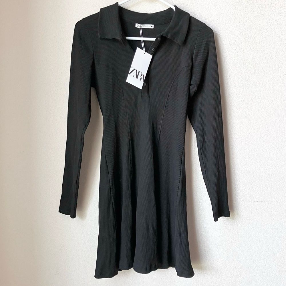NWT Zara Black Ribbed Bodycon Preppy Tight Slim Fit Collared Long Sleeve Dress M